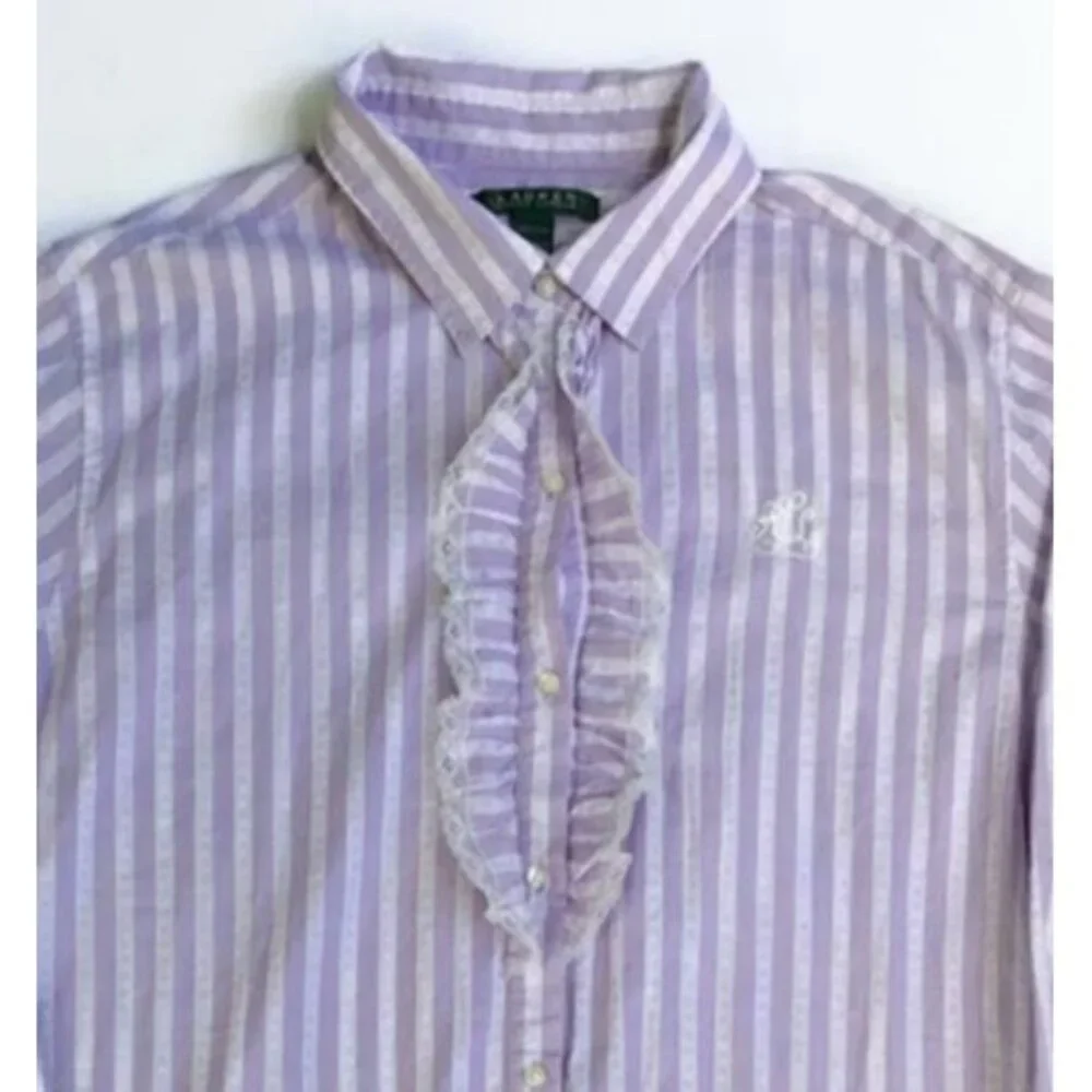 VTG Ralph Lauren Night Gown Sleep Shirt M Lavender Stripe Pocket Designer Lounge - Picture 2 of 8